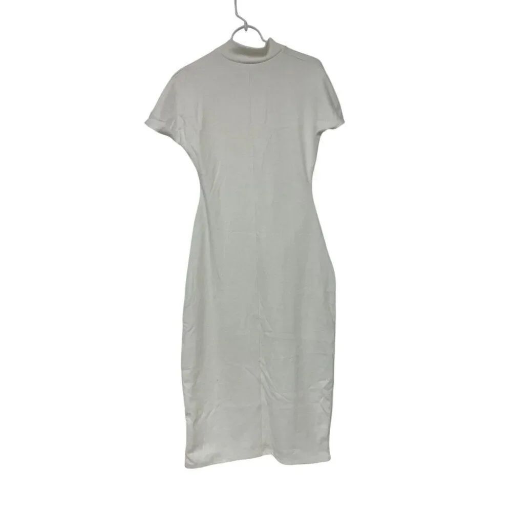 Zara Womens Midi Dress L Large Sheath White Stretch Knit Mock Neck 5584/671 NWD